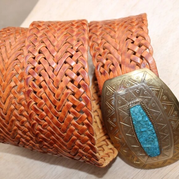 Chico's Moroccan Brown Leather Woven Belt Brass Silver Tone Buckle L - Picture 1 of 15